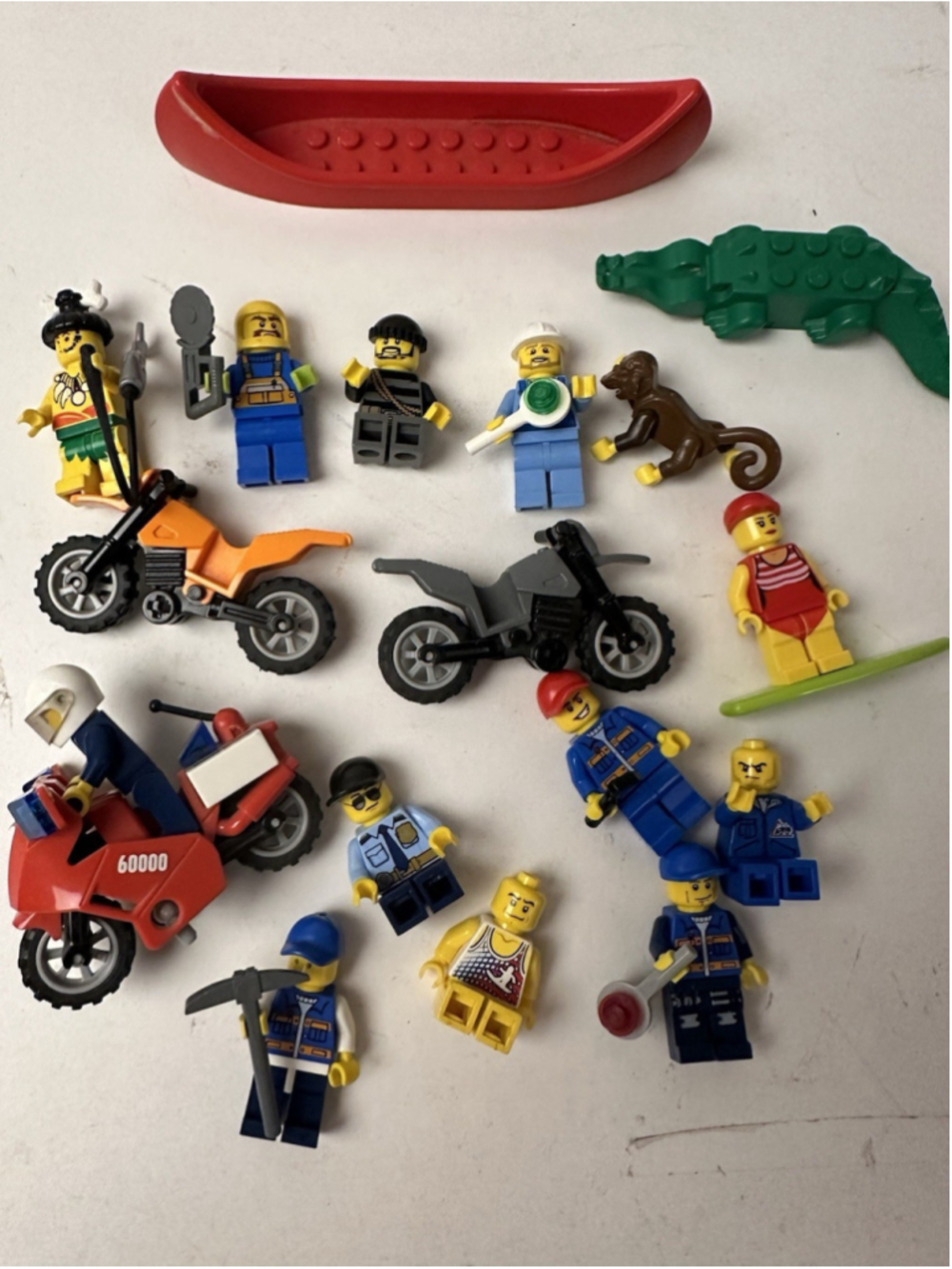 LEGO Minifigure Lot Vehicles Red Canoe Crocodile Monkey Motorcycles Police Town
